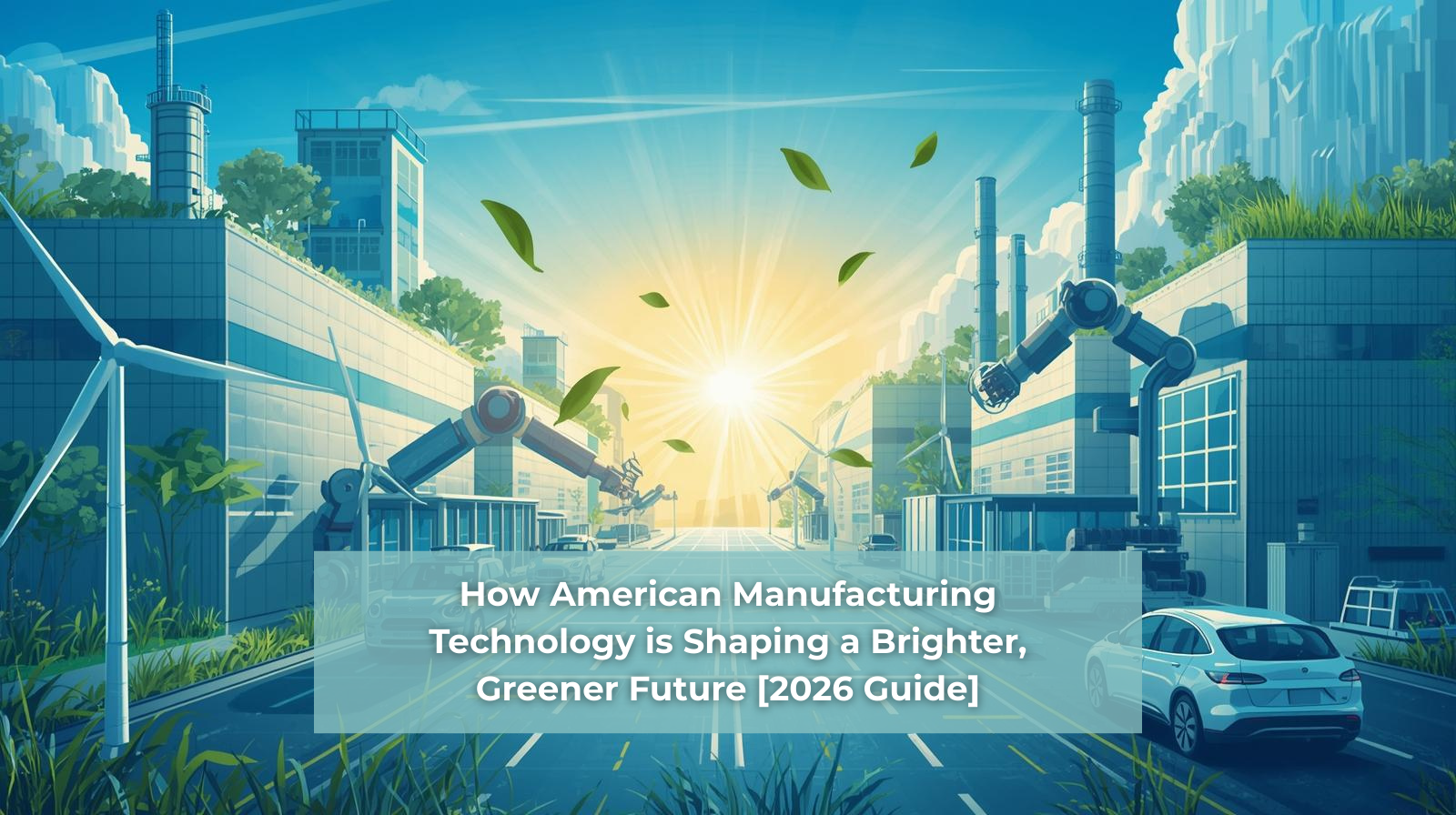 Futuristic view of a green town using alternative energy sources. Text overlay says "How American Manufacturing Technology is Shaping a Brighter, Greener Future [2026 Guide]"